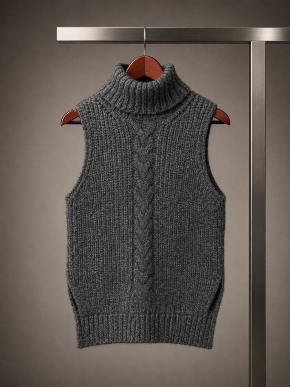 Margaret O'Leary 93% Alpaca Cable Knit Sleeveless Turtleneck Sweater Gray XS